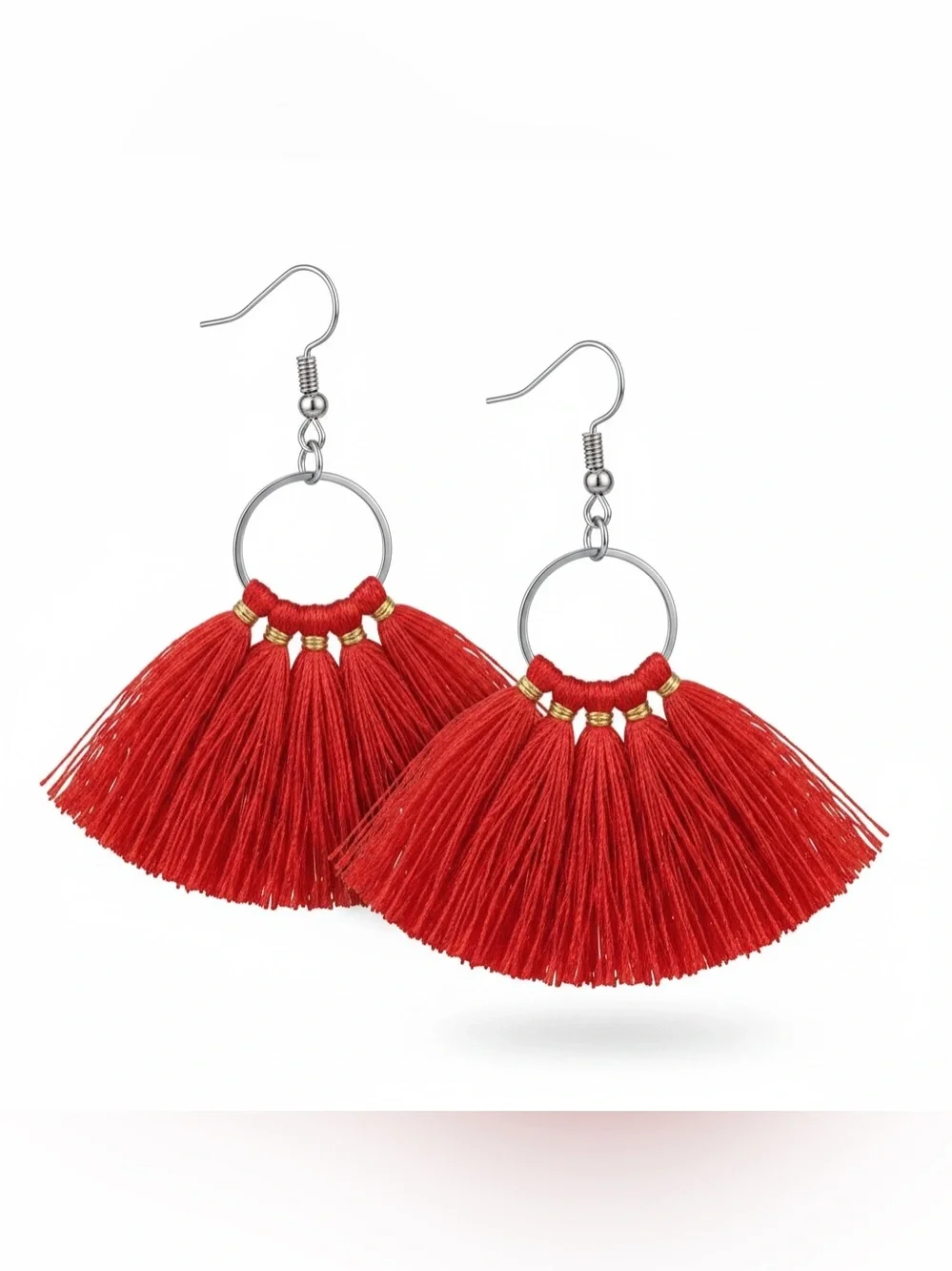 Handmade red tassel gold thread detail silver stainless steel hook boho earrings